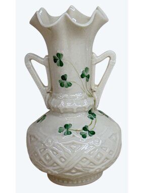 Belleek Irish Shamrock Pottery Harp Handled Vase 6 1/2"
